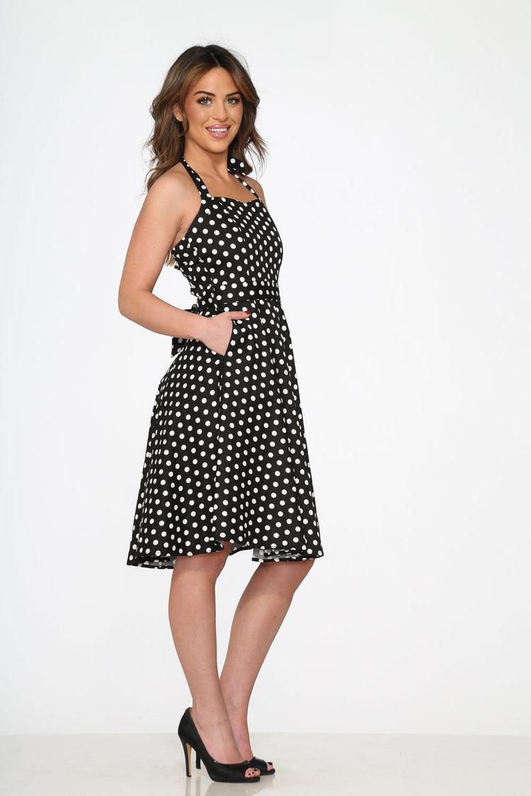 Black & White Polka Dot Halter Swing Dress Product Image