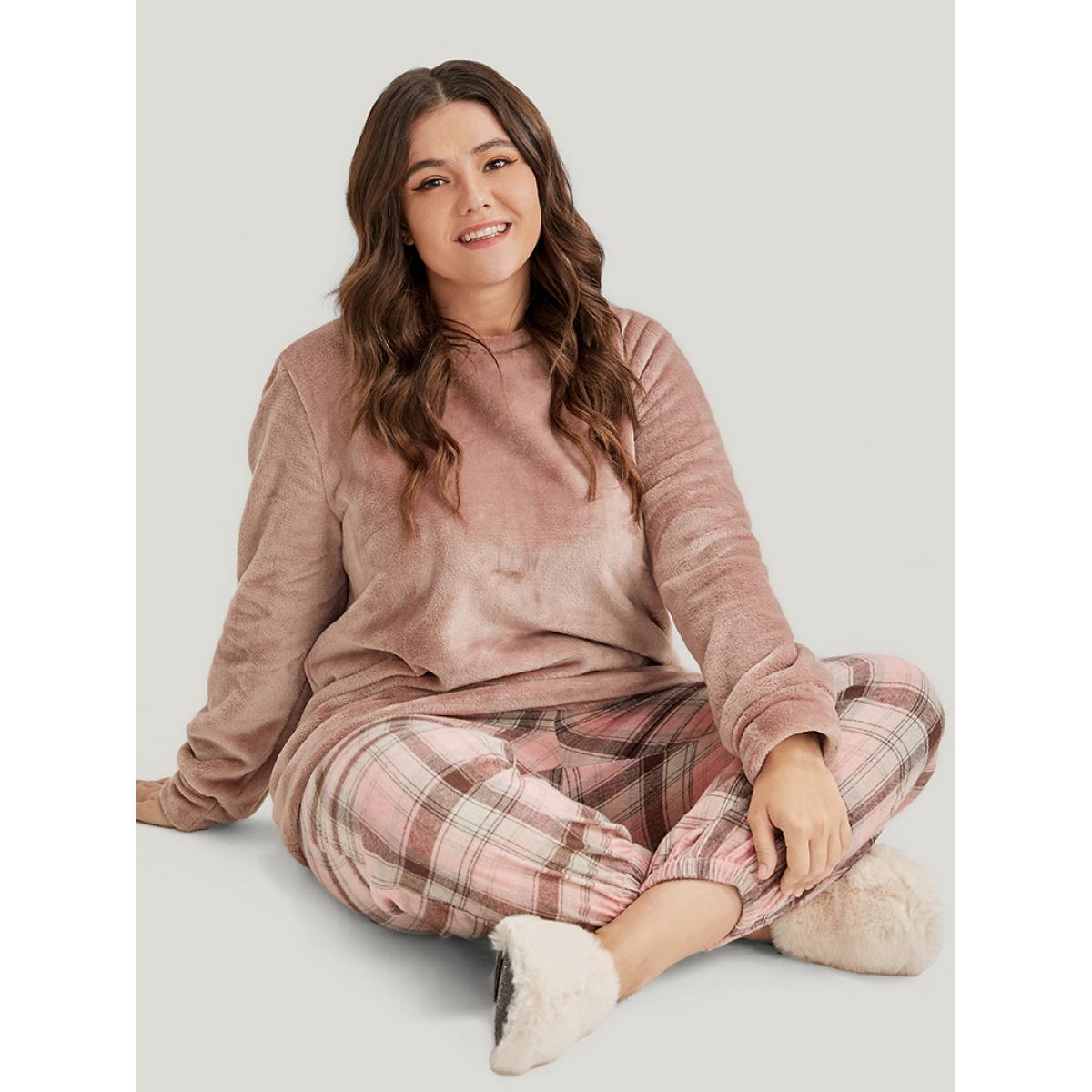 Plus Size Solid Flannel Round Neck Plaid Pajama Set Women Russet Plaid Elastic Waist Long Sleeve Round Neck Casual Loungewear Sets BloomChic 10/M Product Image