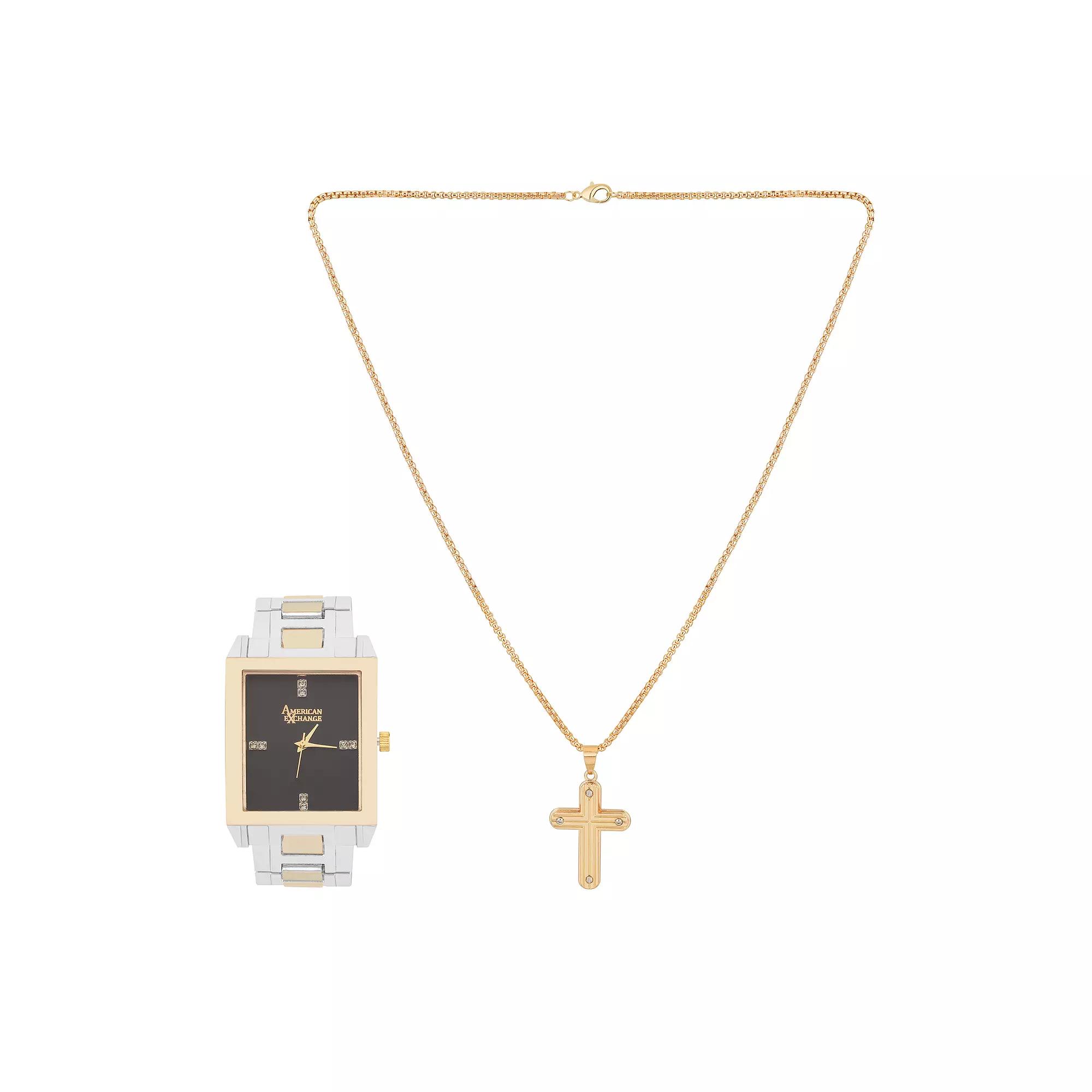 American Exchange Men's Two Tone Metal Alloy & Cross Pendant Necklace Set, Size: 36MM, Gold Silver Product Image