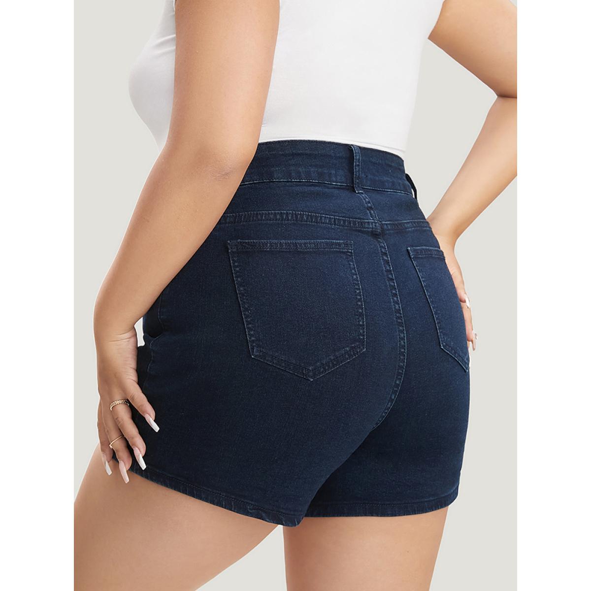 Plus Size Slightly Stretchy High Rise Dark Wash Single Breasted Denim Shorts Women DarkBlue Casual Plain Button Low stretch Pocket Jeans BloomChic 26/4X Product Image