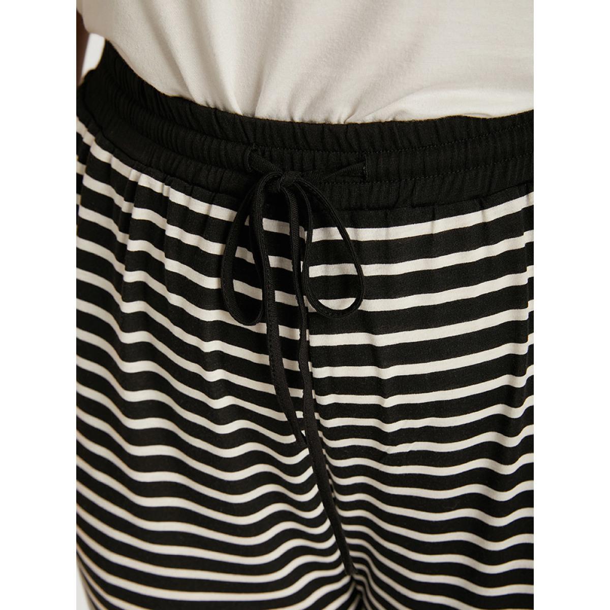 Striped Patchwork Elastic Waist Pocket Ties Sweatpants Black Plus Size Women Casual Dailywear Patchwork 30/6X Bloomchic Product Image