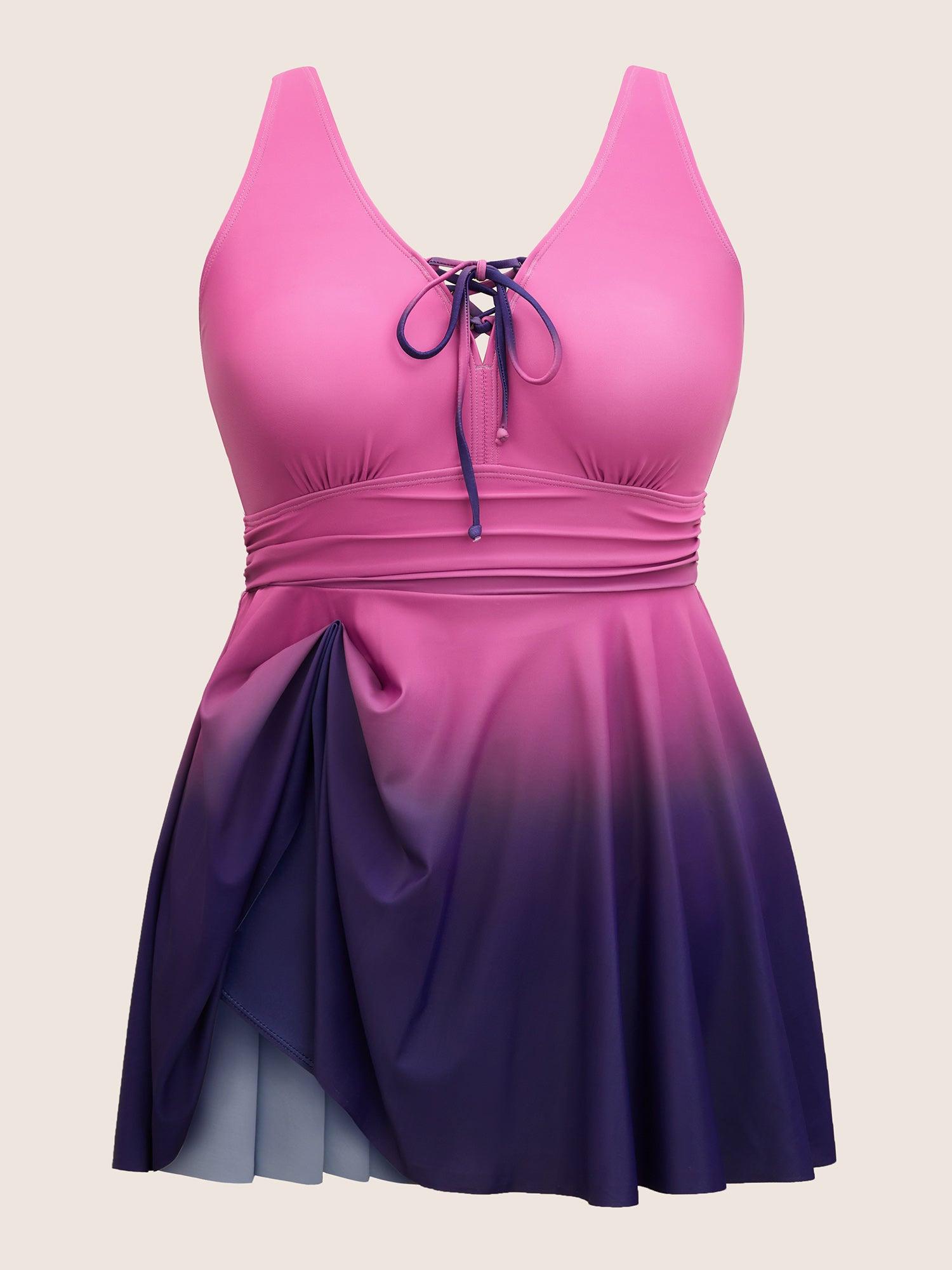 Ombre Contrast Ruched Lace Up Swim Dress Female Product Image