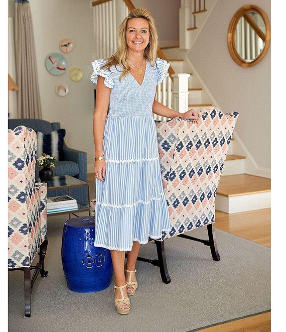 SAIL to SABLE Woven Stripe Print V-Neck Flutter Sleeve Tiered Dress Product Image