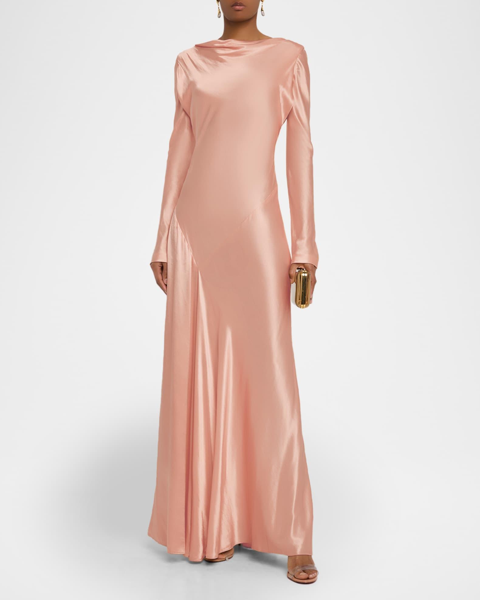 Shiny Satin Bias Long-Sleeve Maxi Dress Product Image