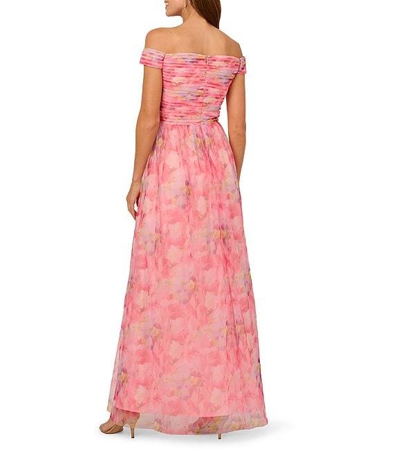 Adrianna Papell Tulle Floral Print Off-The-Shoulder Neck Short Sleeve A-Line Gown Product Image