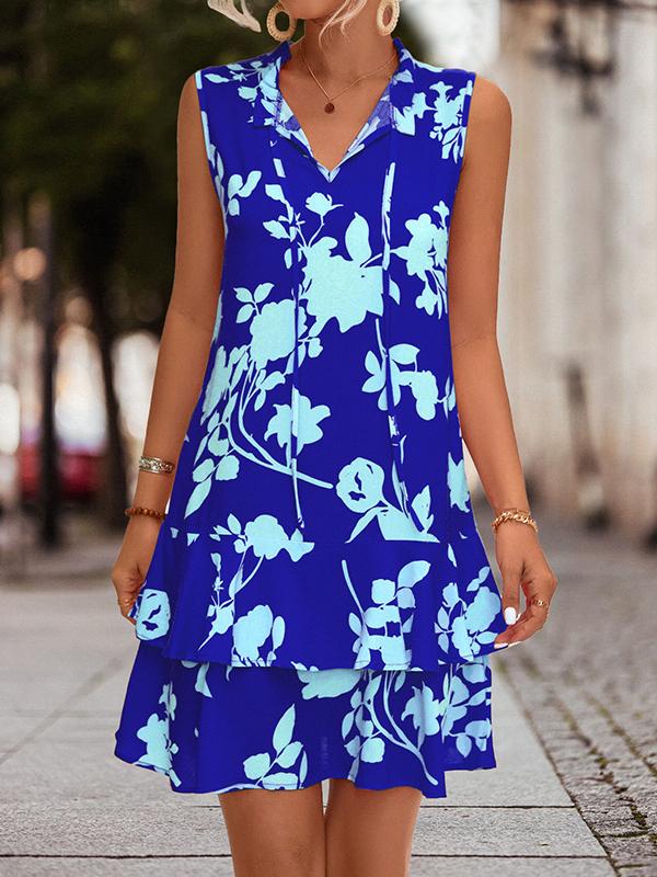 A-Line High Waisted Falbala Printed Split-Joint Tied Tiered V-Neck Mini Dresses Product Image