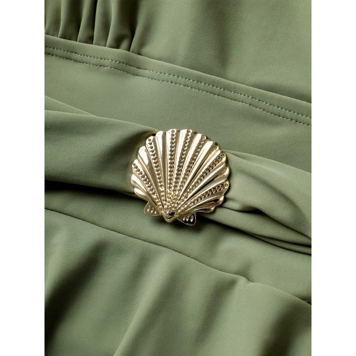 Plus Size Solid Tie Knot Metal Shell Detail Swim Dress Women's Swimwear Moss Beach Bodycon Overlap Collar High stretch Curve Swim Dresses BloomChic 14-16/1X Product Image