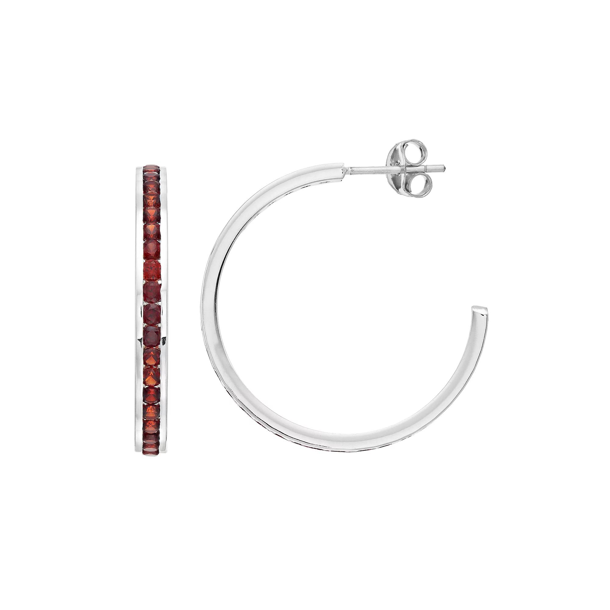 Traditions Jewelry Company Sterling Silver Channel-Set Garnet Birthstone Hoop Earrings, Women's Product Image