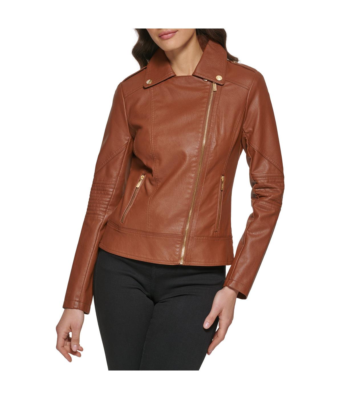 Faux Leather Asymmetrical Moto Jacket Cognac Product Image