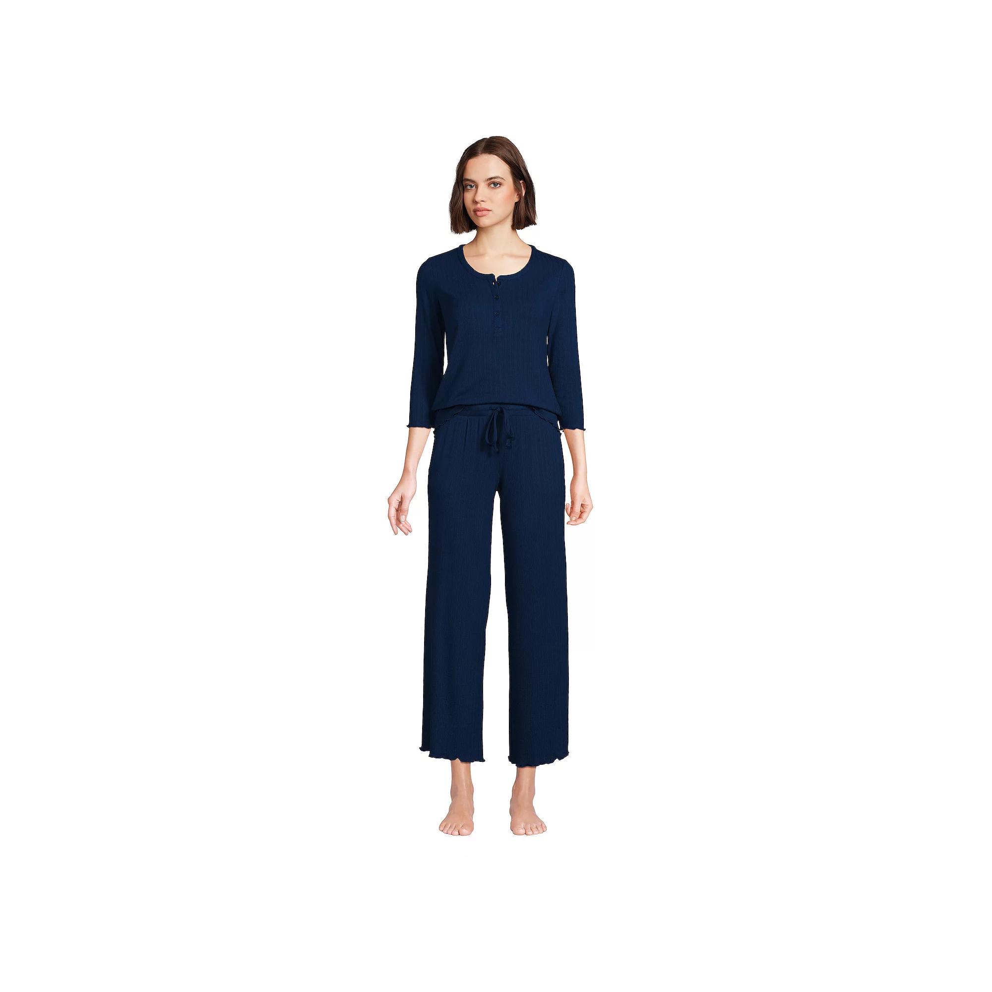 Women's Lands' End Pointelle Rib 3/4 Sleeve Pajama Top and Crop Pajama Pants Sleep Set, Size: Medium, Deep  Blue Product Image