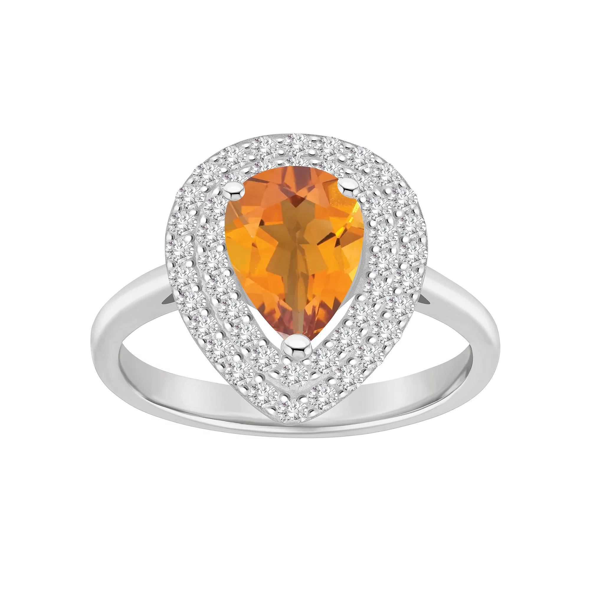 Celebration Gems Sterling Silver Teardrop Citrine & White Topaz Double Halo Ring, Women's,  Product Image