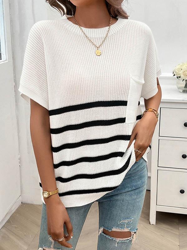 Half Sleeves Loose Pockets Striped Round-neck Knitwear Sweater Tops Product Image