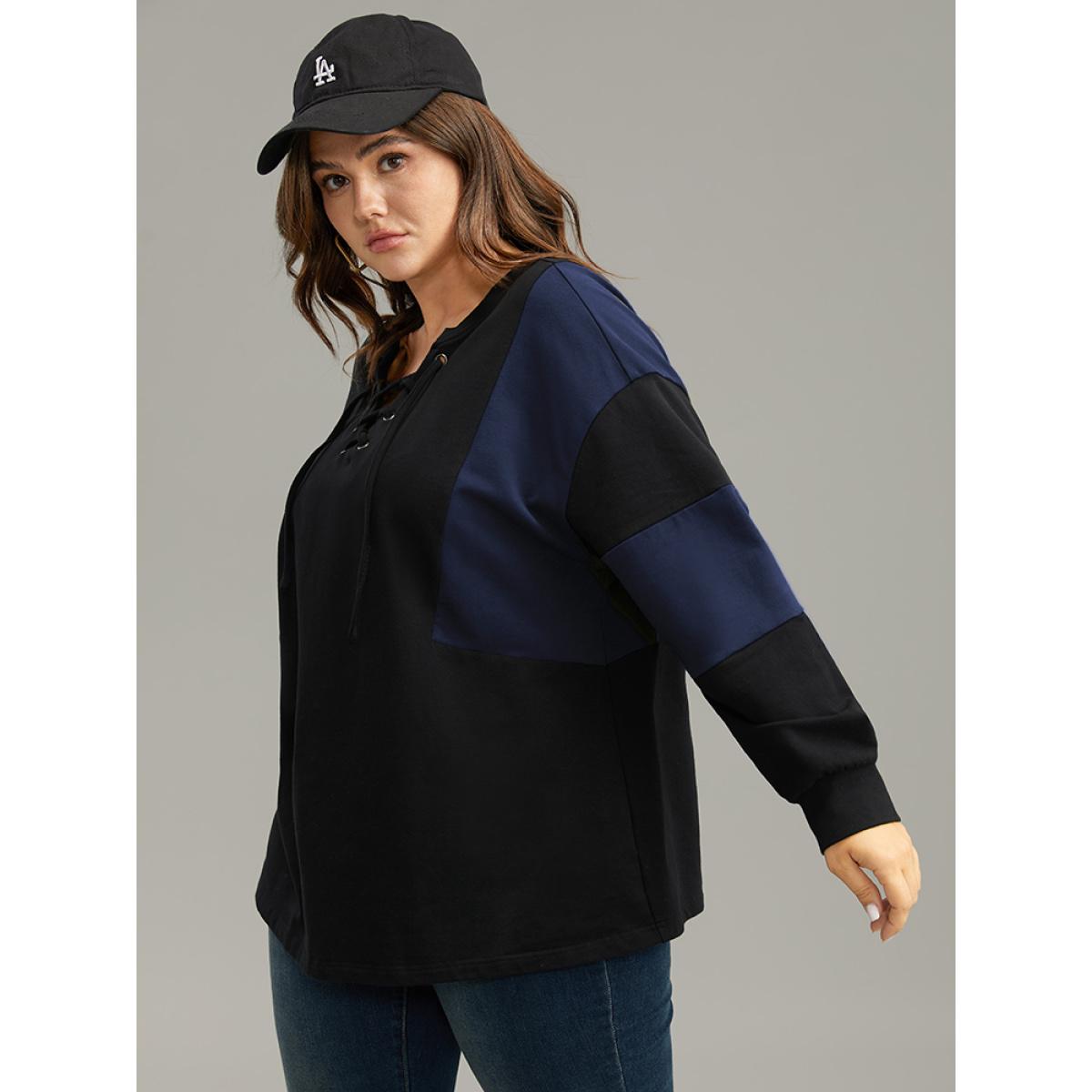 Plus Size Cotton Colorblock Contrast Lace Up Sweatshirt Women Blue Casual Elastic cuffs V-neck Dailywear Sweatshirts BloomChic 10/M Product Image