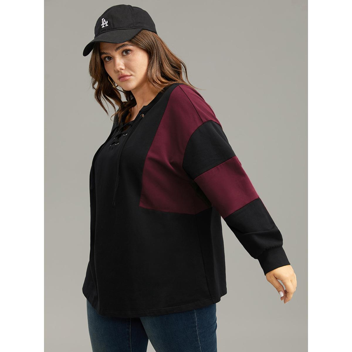 Plus Size Cotton Colorblock Contrast Lace Up Sweatshirt Women Burgundy Casual Elastic cuffs V-neck Dailywear Sweatshirts BloomChic 26/4X Product Image
