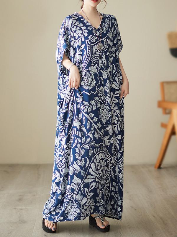 Loose Short Sleeves Printed V-Neck Maxi Dresses Product Image