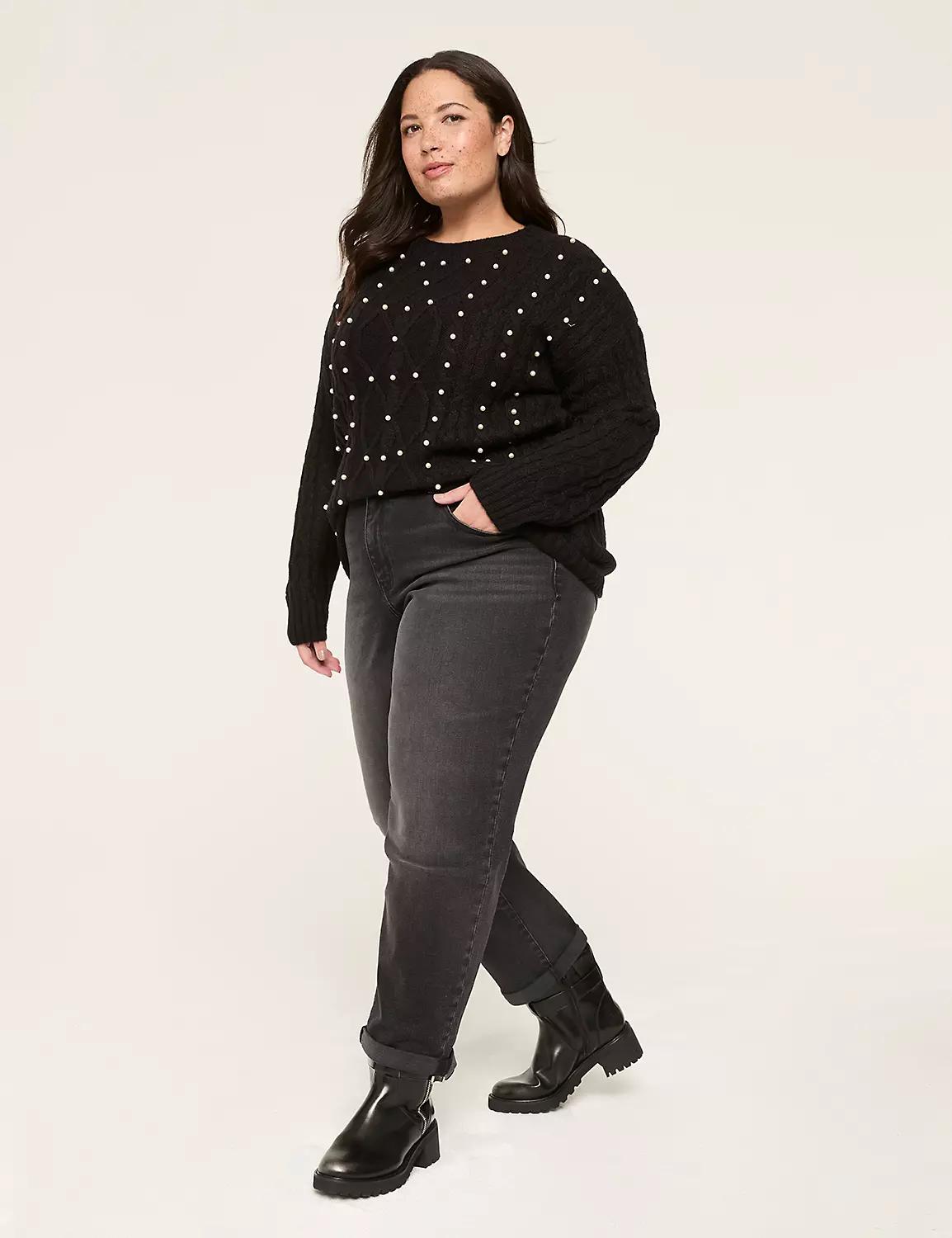 Pearlized Embellished Crew-Neck Cable Sweater Product Image