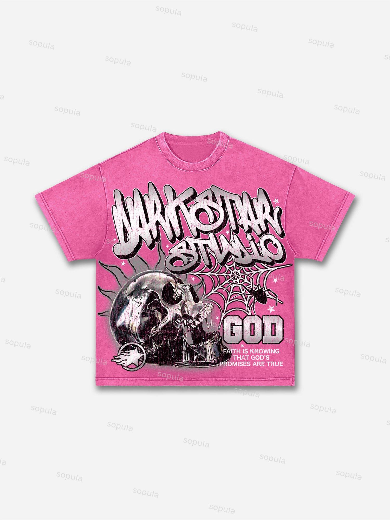 Darkstar-god's Skull Print Pattern Acid Wash T-shirt Product Image