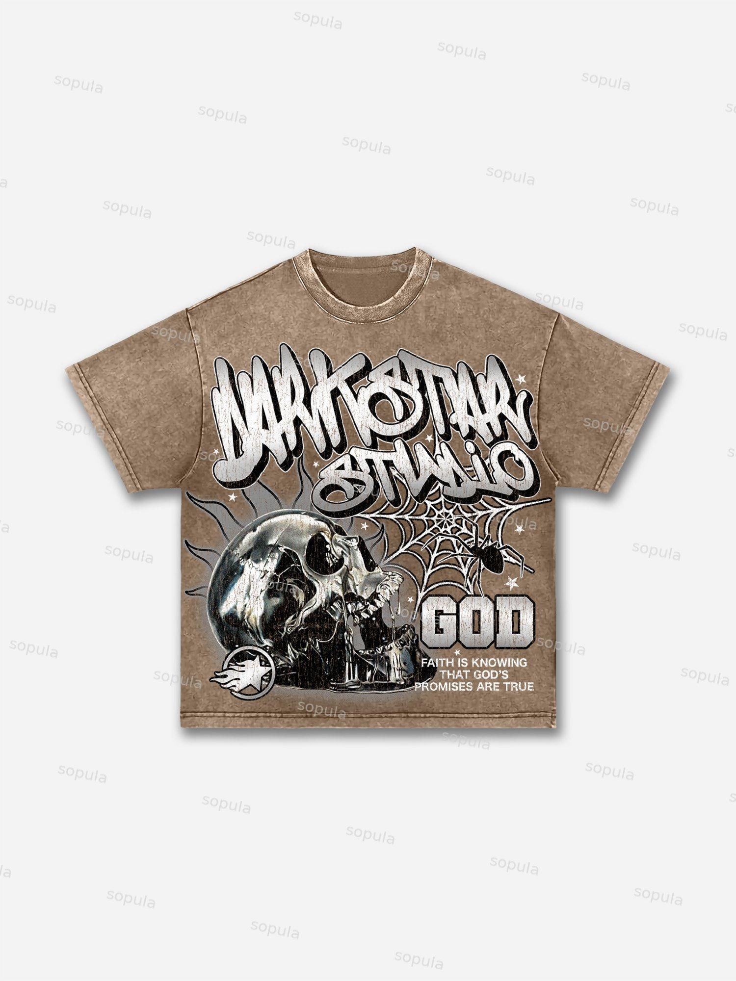 Darkstar-god's Skull Print Pattern Acid Wash T-shirt Product Image