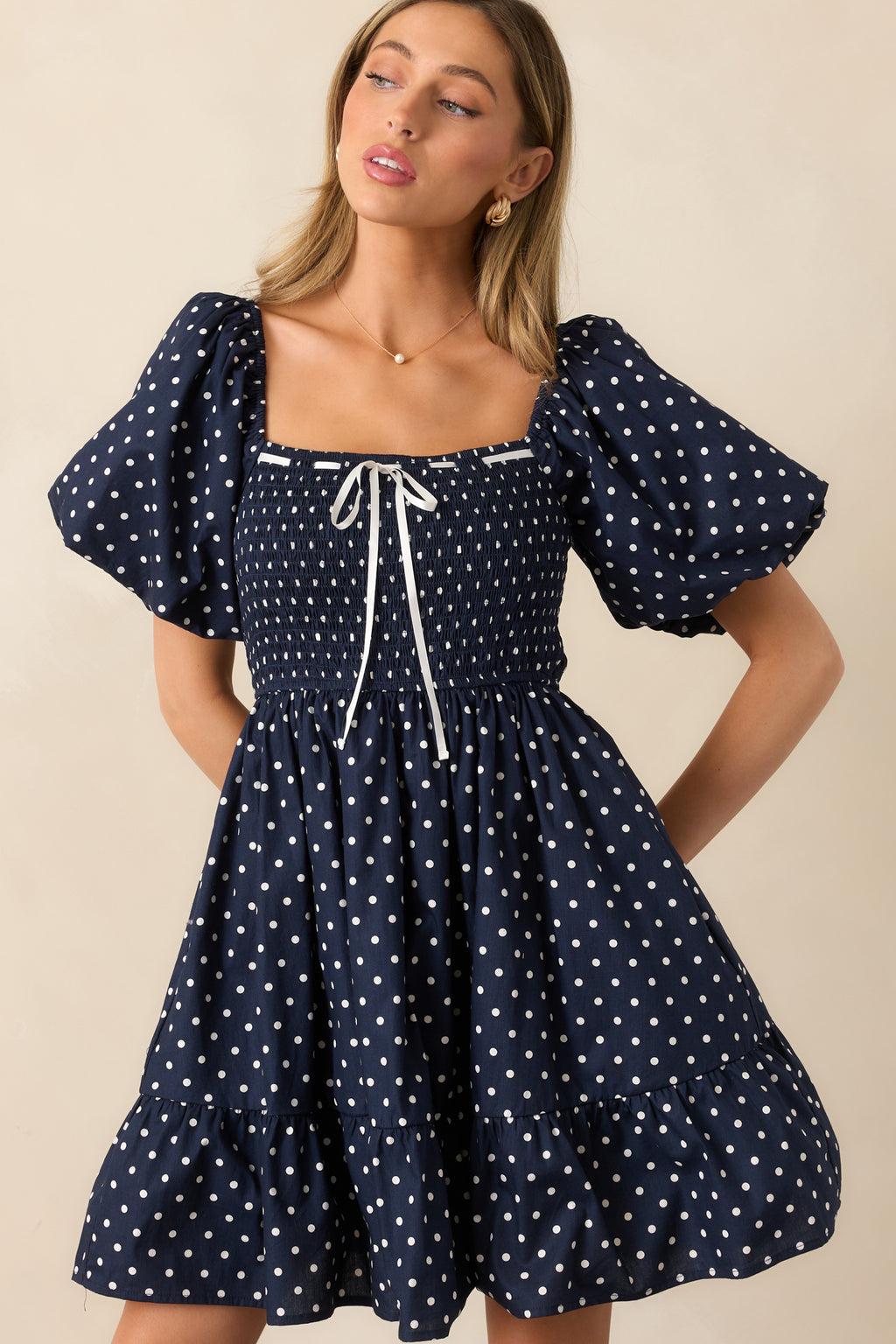 Sailor's Sweetheart Cotton Navy Polka Dot Mini Dress Product Image