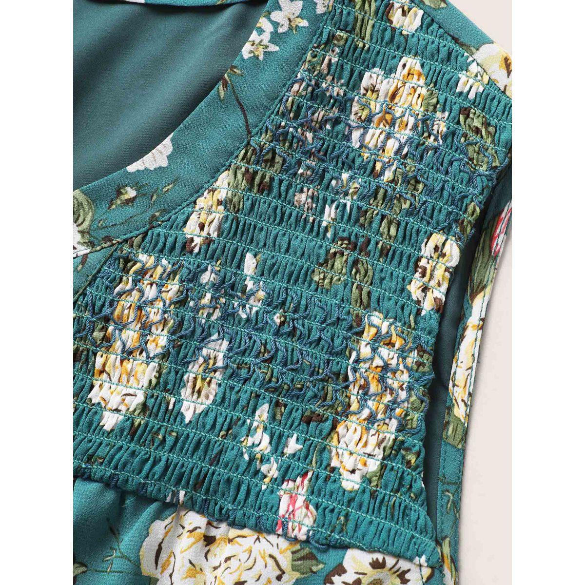 Plus Size Notched Collar Floral Print Shirred Tank Top Women Teal Elegant Contrast Notched collar Everyday Tank Tops Camis BloomChic 14-16/1X Product Image