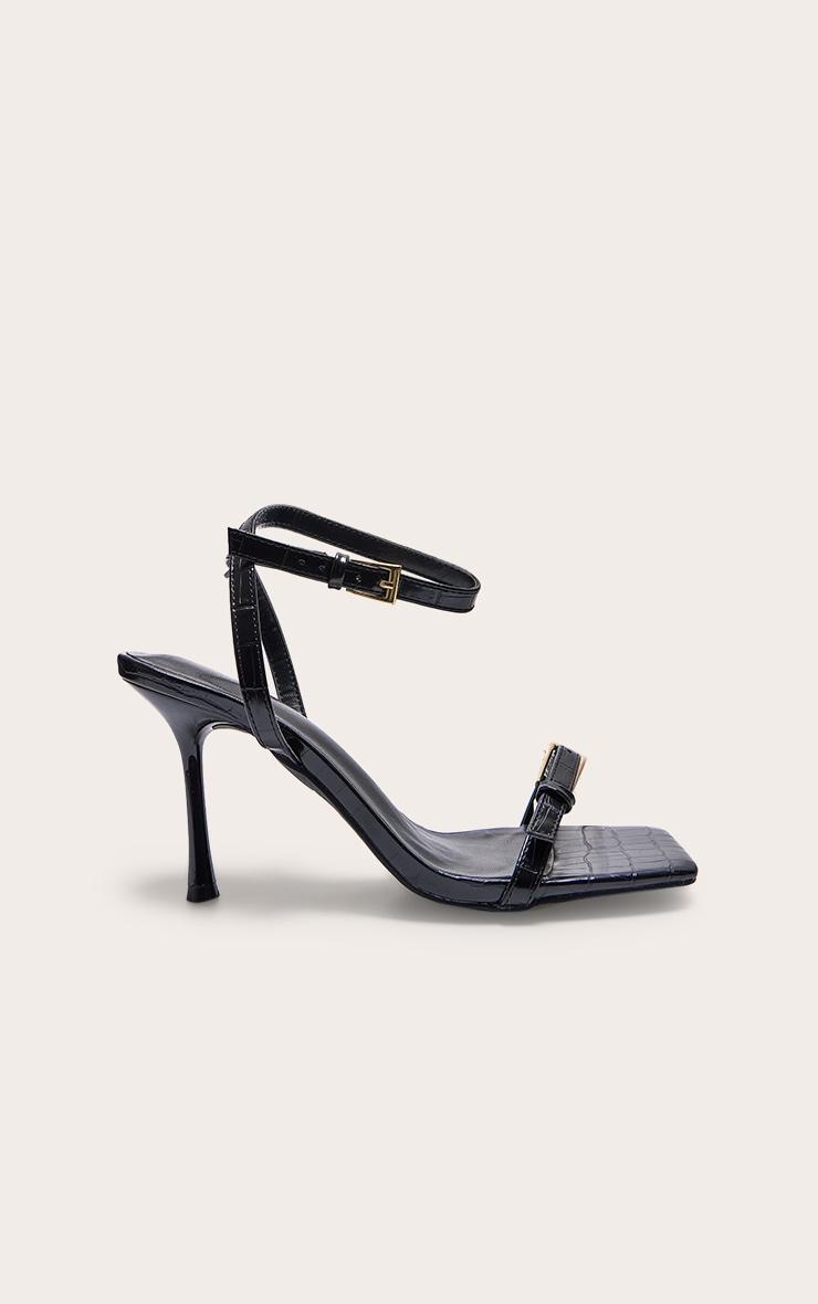 Black Croc PU Square Toe Double Buckle High Stiletto Heeled Sandals Product Image