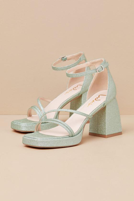 Antinea Green Glitter Platform Ankle Strap High Heel Sandals Product Image