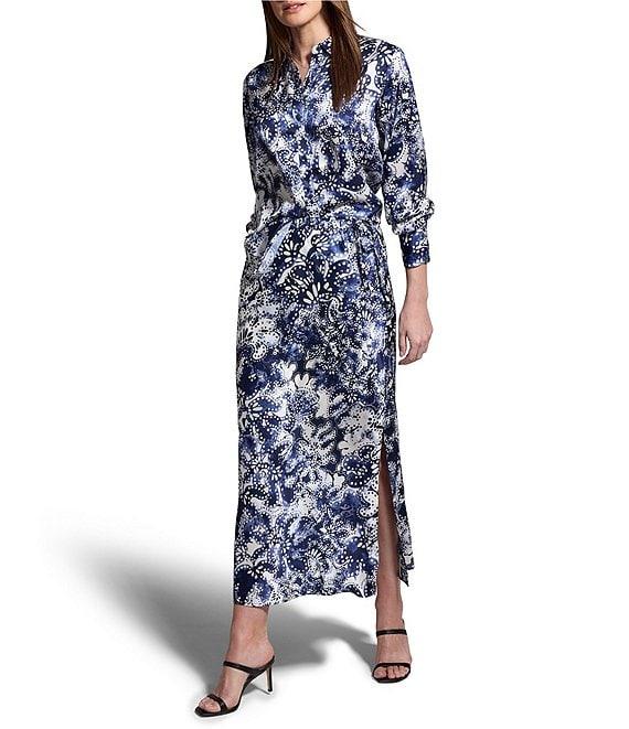 NIC + ZOE Twilight Blooms Stretch Silk Stand Collar Bishop Long Sleeve Shirt Product Image