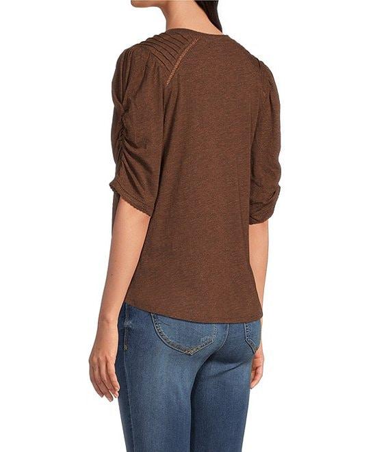 Democracy Knit Scallop V-Neck Elbow Ruched Sleeve Crochet Detail Top Product Image