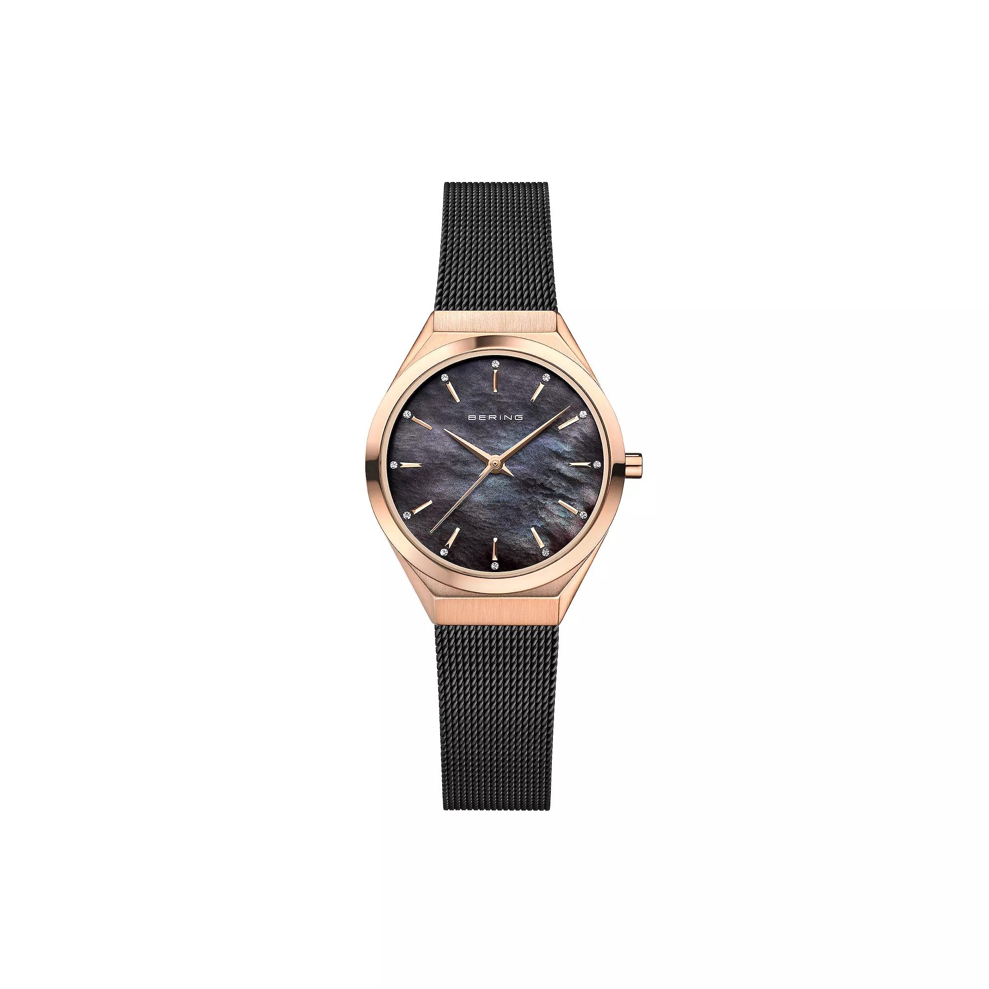 BERING Ultra Slim Women's Rose Gold Tone Mother-Of-Pearl Milanese Strap Watch, Size: Medium, Black Product Image