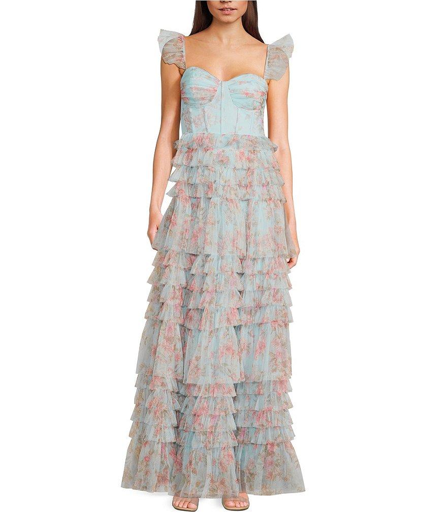 B. Darlin Floral Print Sweetheart Neck Bustier Spaghetti Strap Flutter Sleeve Ruffle Dress Product Image