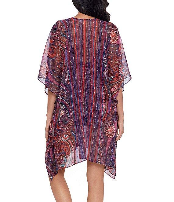 Miraclesuit Dynasty Print V-Neck Lace-Up Tassel Drop Shoulder Flutter Sleeve Caftan Swim Cover-Up Product Image