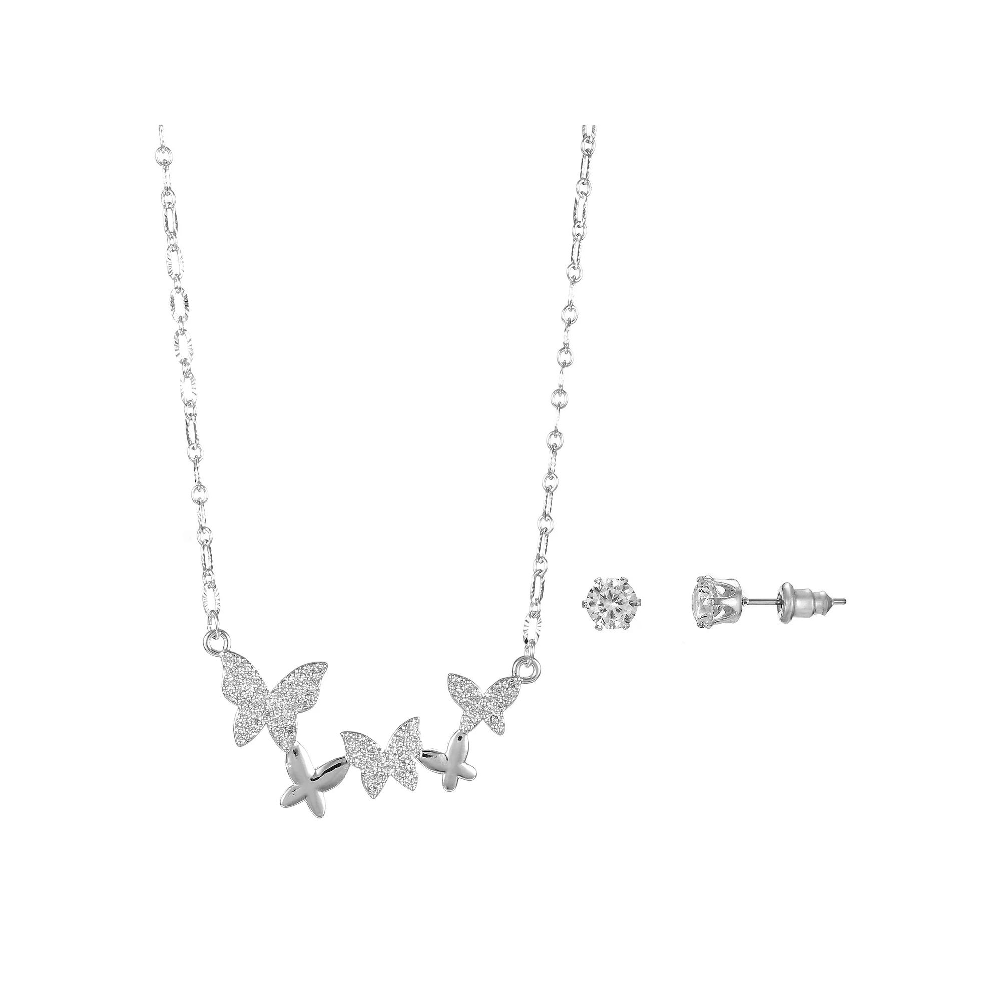 Silver Tone Cubic Zirconia Butterfly Cluster Necklace & Stud Earrings Set, Women's Product Image