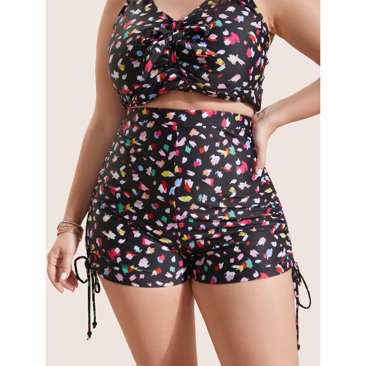 Plus Size Allover Print Drawstring Skinny Swim Bottom Women's Swimwear Black Beach Drawstring High stretch Skinny High Rise Curve Swim Bottoms BloomChic 18-20/2X Product Image