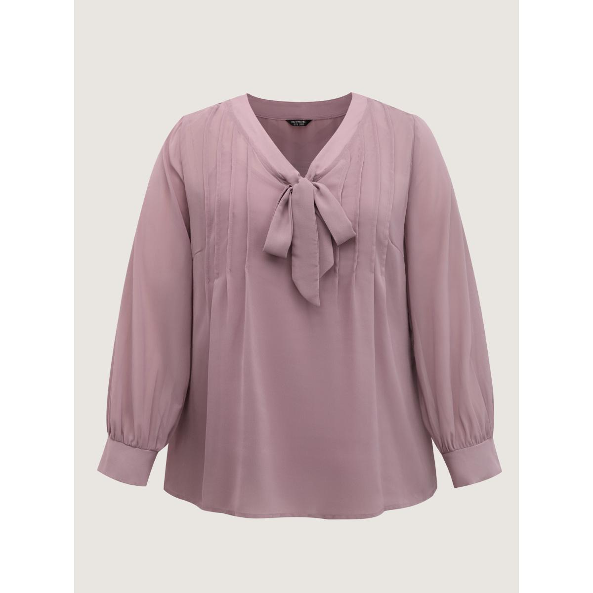 Plus Size DustyPink Toothpick Pleats Neck-Tie Sheer Blouse Women Timeless Extra Long Sleeve Ribbon-tied collar Elegant Blouses BloomChic 30/6X Product Image