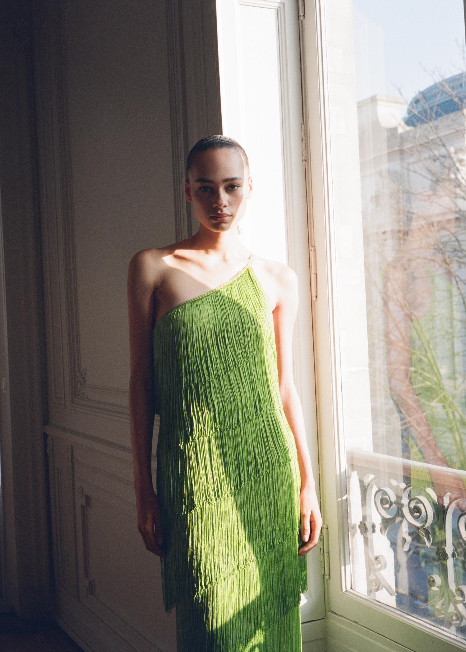 Asymmetrical fringed midi-dress - Women | MANGO USA Product Image