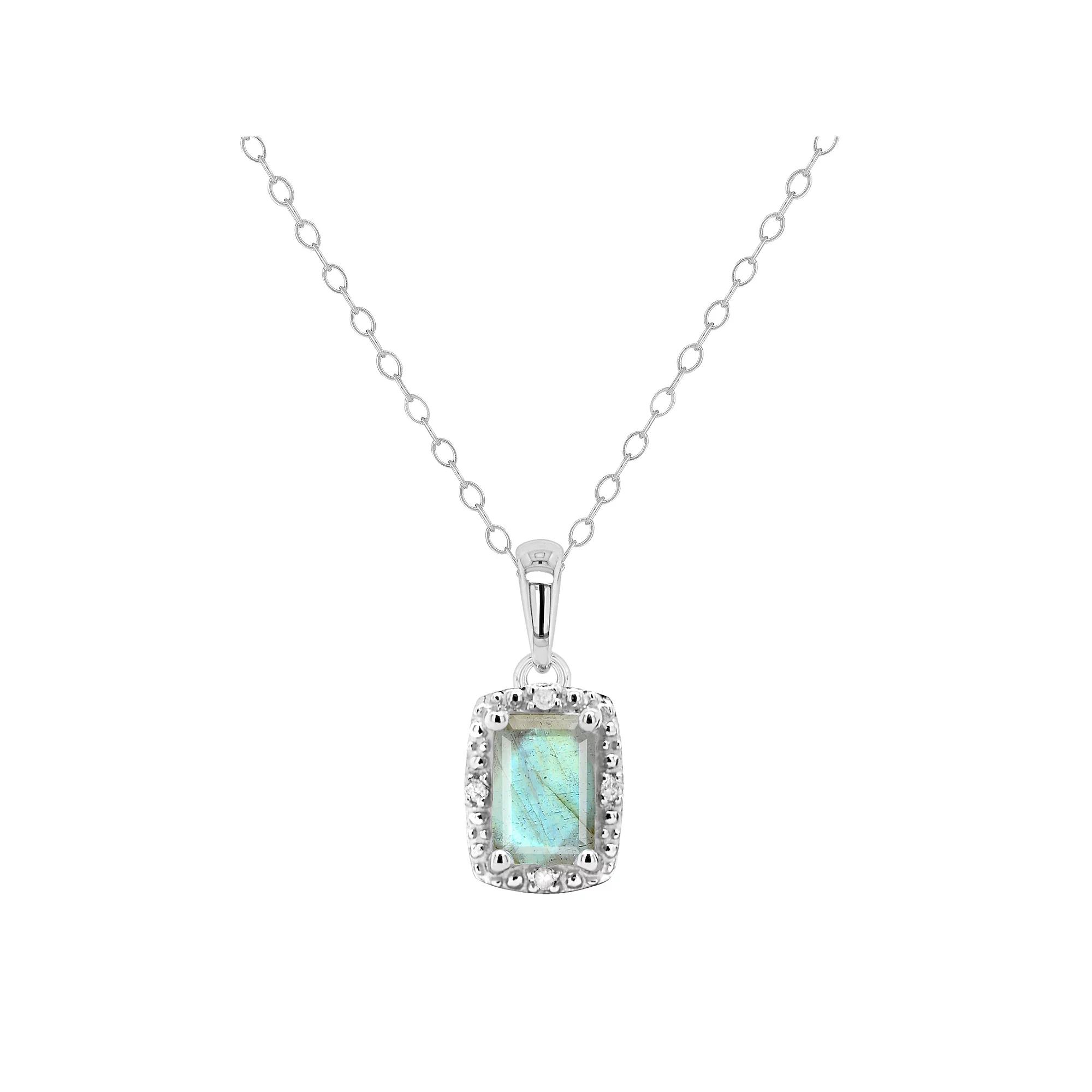 Celebration Gems Sterling Silver Emerald Cut Labradorite & Diamond Accent Pendant Necklace, Women's, Size: 18" Product Image