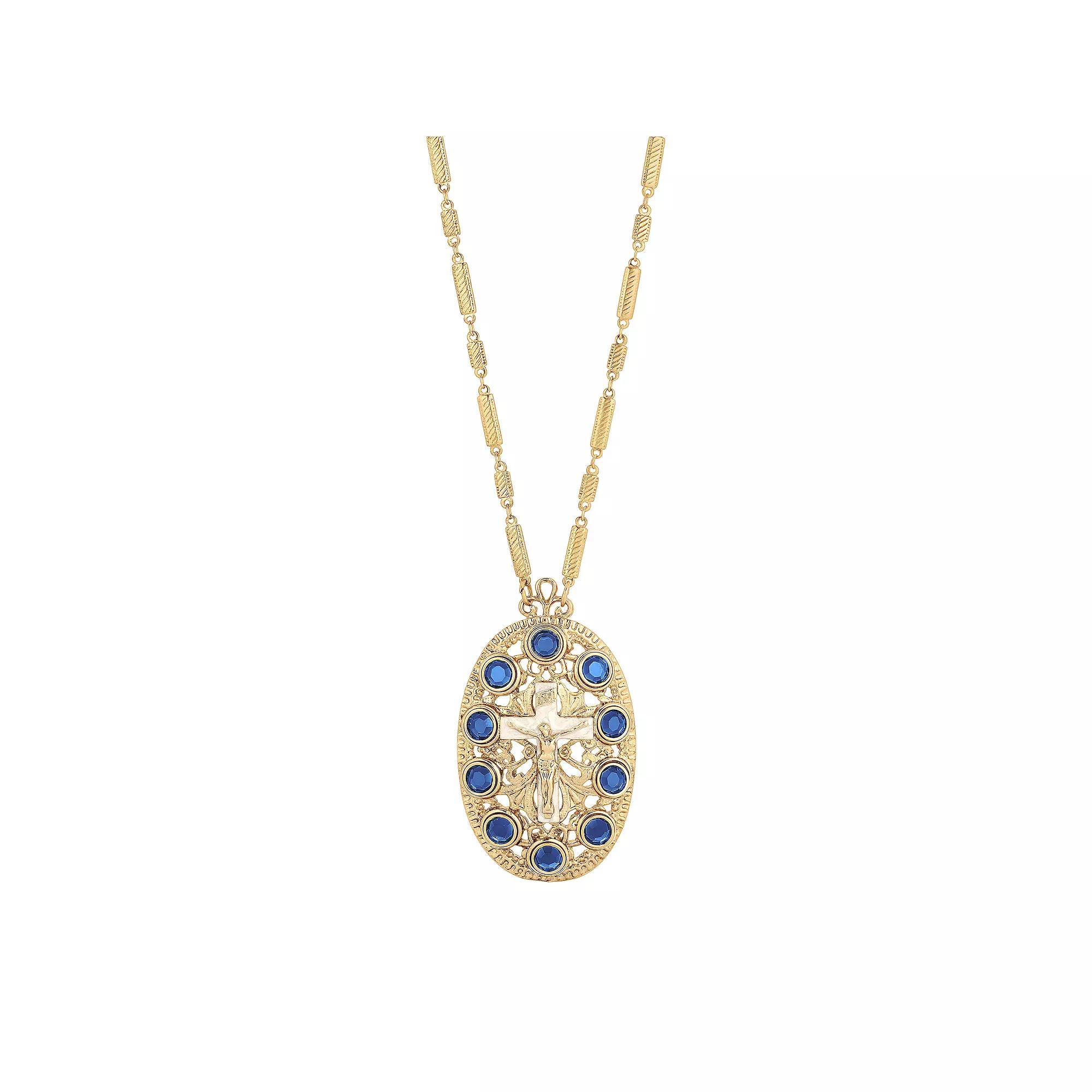 1928 Gold Tone Oval Cross Crystal Accent Necklace, Womens Blue Product Image