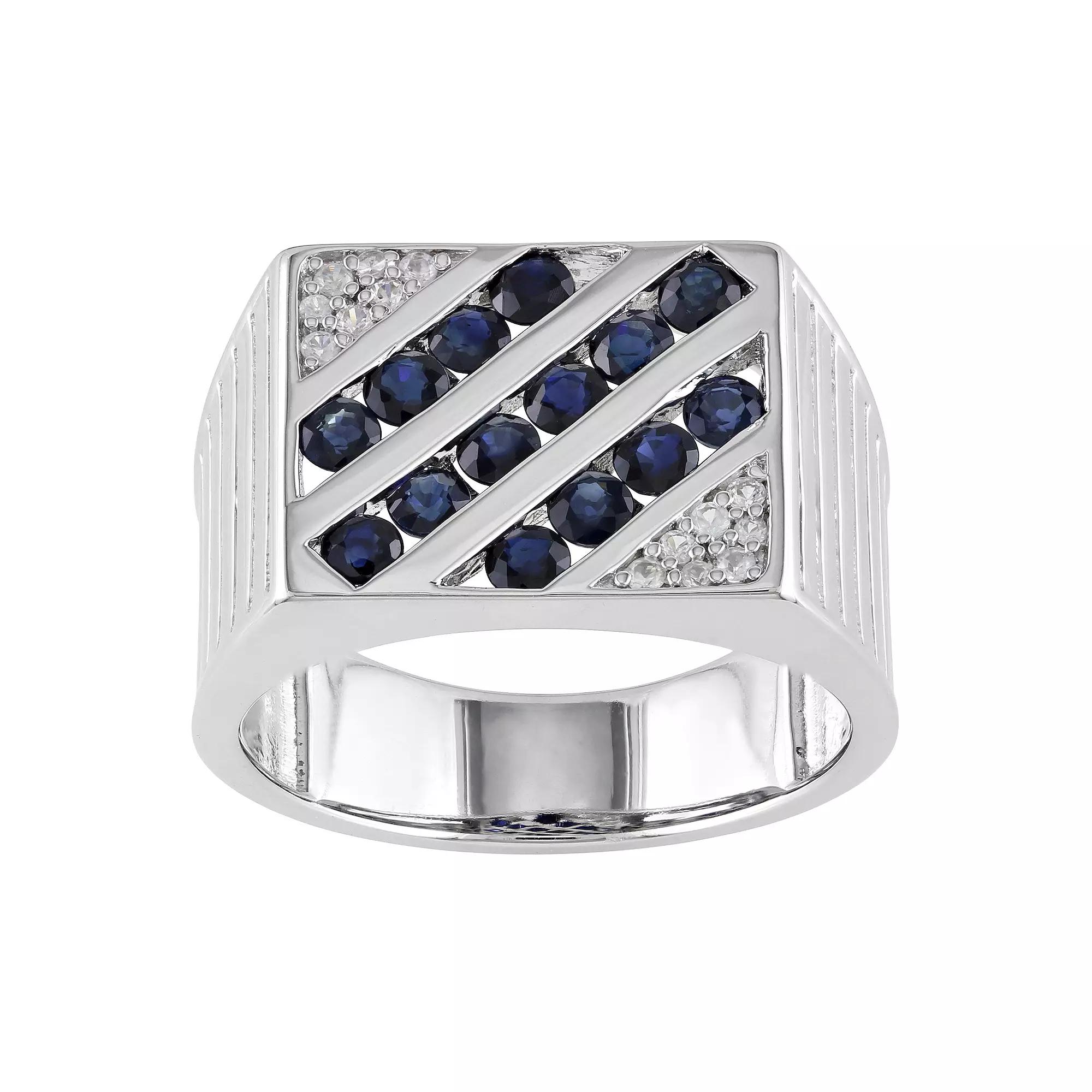 Stella Grace Men's Sterling Silver Blue & White Sapphire Square Ring, Size: 11 Product Image