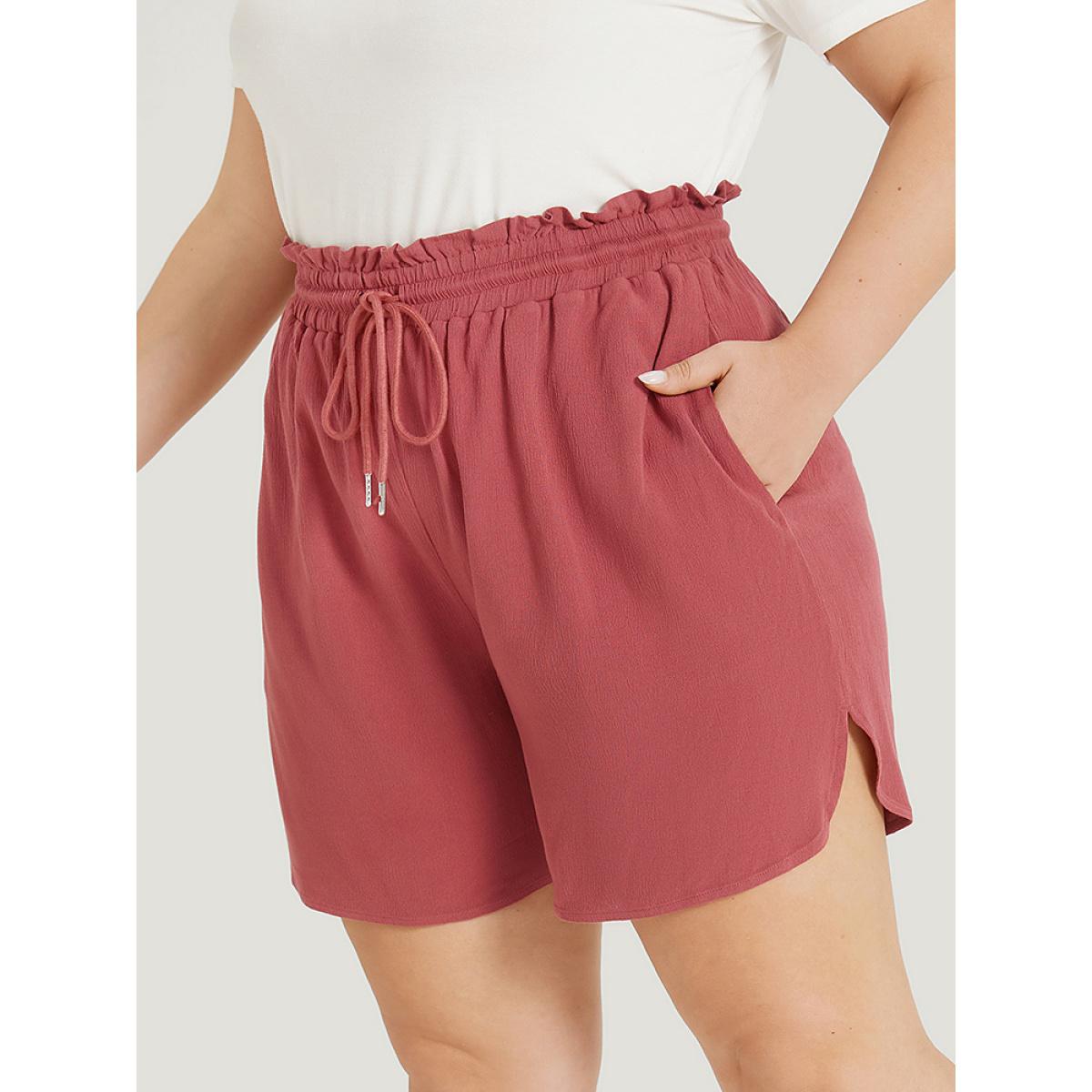 Plus Size Plain Textured Pocket Paperbag Waist Drawstring Split Side Shorts Women Russet Elegant Plain Dailywear Shorts BloomChic 22-24/3X Product Image