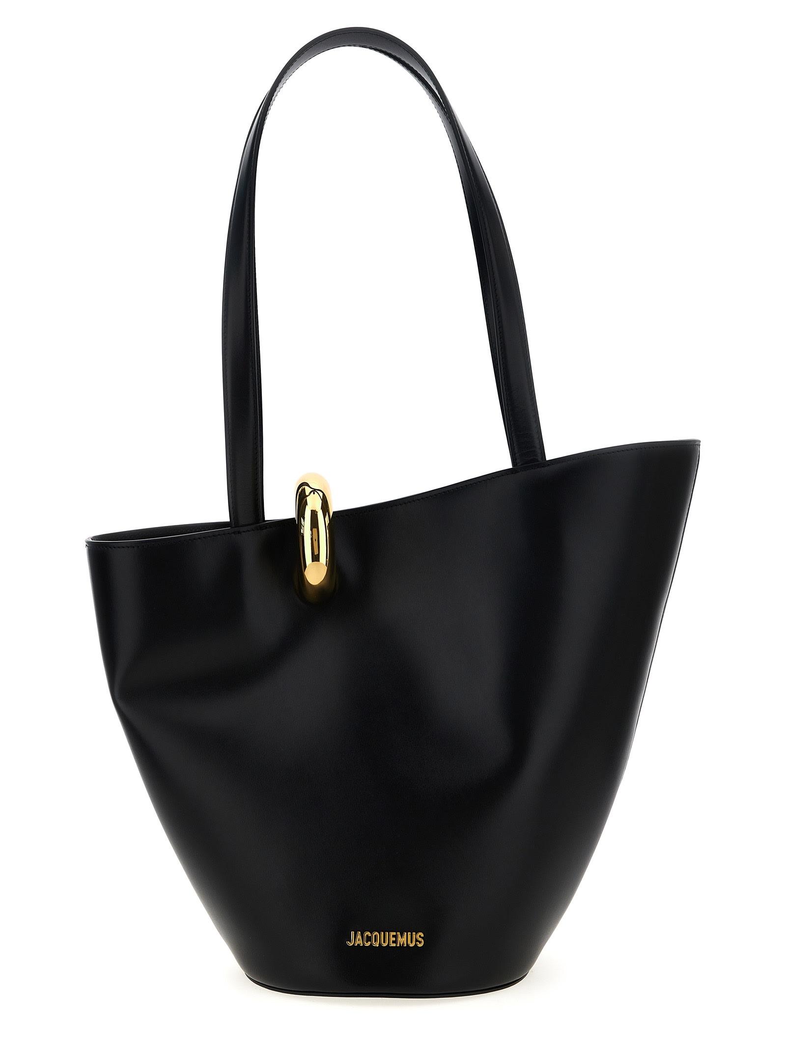 JACQUEMUS The Medium Bambola Asymmetric Leather Bucket Bag In Black 990 Product Image