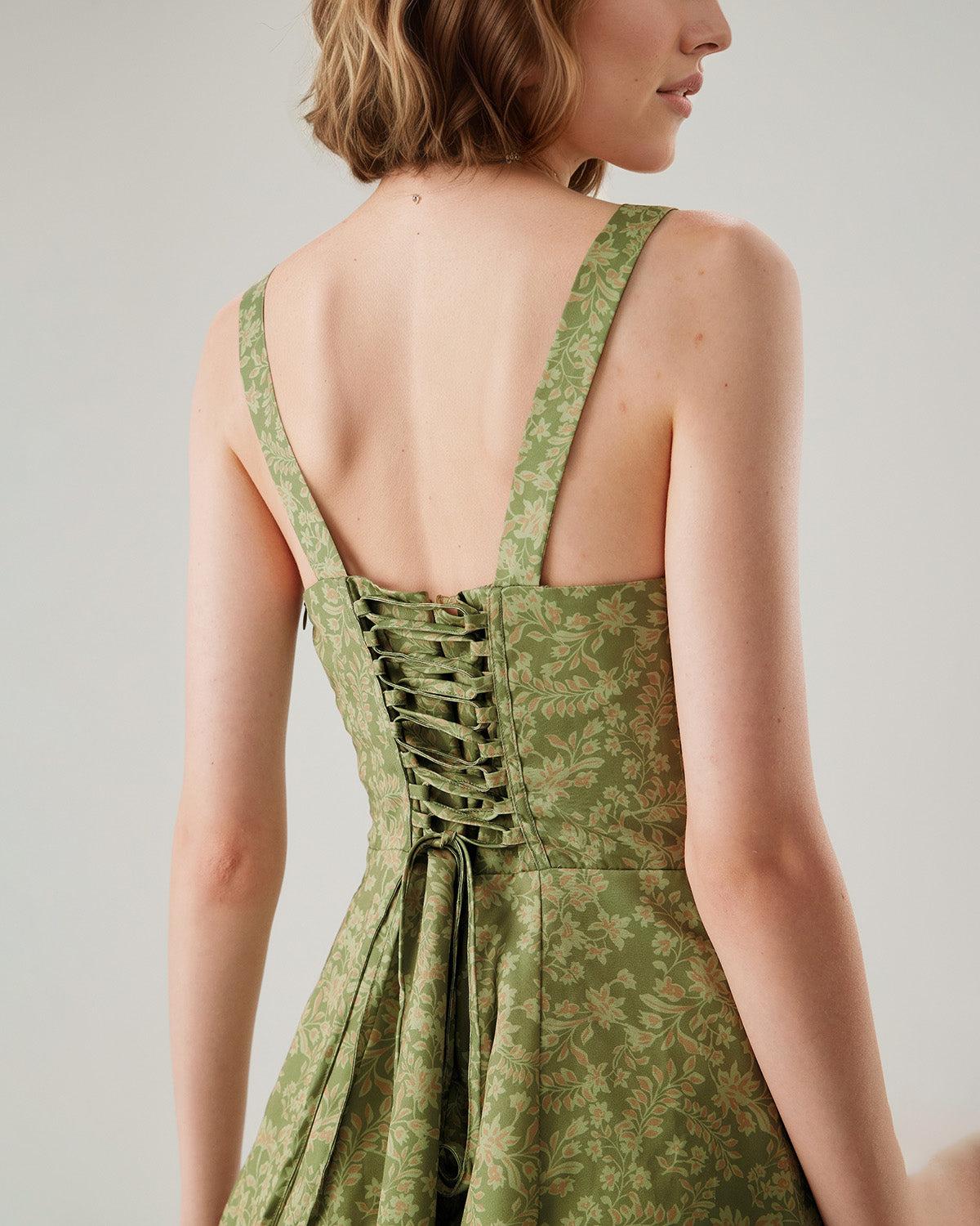 Green Floral Ruched Slip Mini Dress Product Image