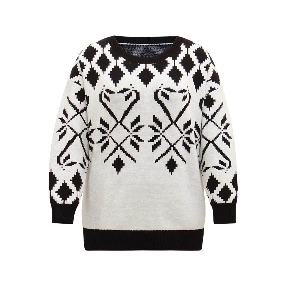 Plus Size Supersoft Essentials Geometric Jacquard Crew Neck Pullover Black Women Casual Loose Long Sleeve Round Neck Dailywear Pullovers BloomChic 14-16/1X Product Image