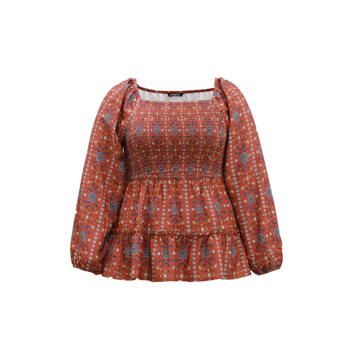 Plus Size Scarlet Boho Print Shirred Tiered Ruffles Blouse Women Vacation Long Sleeve Square Neck Dailywear Blouses BloomChic 14-16/1X Product Image