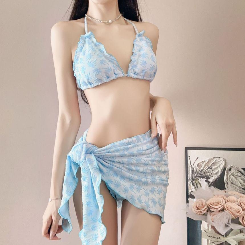Set: Halter Patterned Frill Bikini Top + Bottom + Long Sleeve Cover Up Top + Cover Up Skirt Product Image