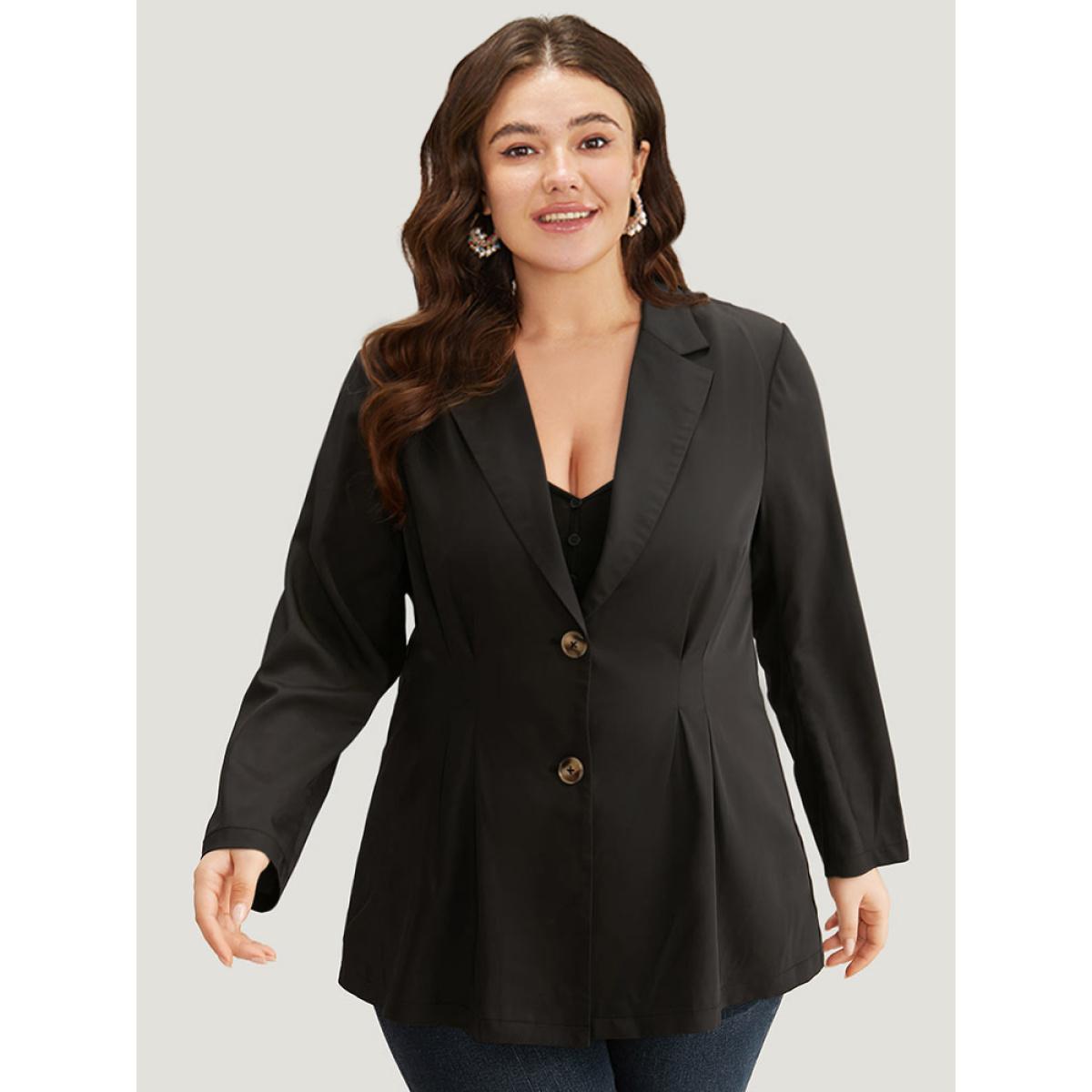 Plus Size Suit Collar Button Up Plicated Detail Blazer Black Women Dailywear Plain Plain Sleeve Long Sleeve Suit Collar 10/M Casual Blazers BloomChic Product Image
