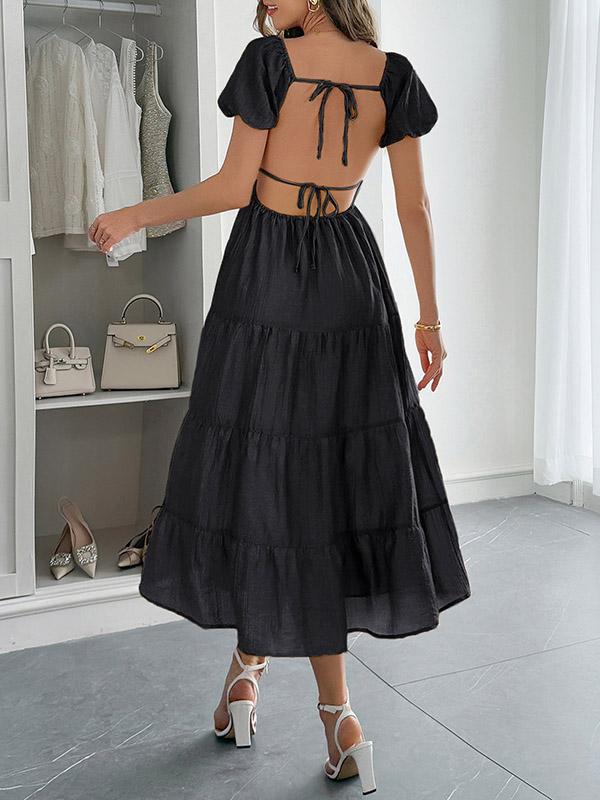 A-Line Loose Backless Pleated Solid Color Tied V-Neck Midi Dresses Product Image