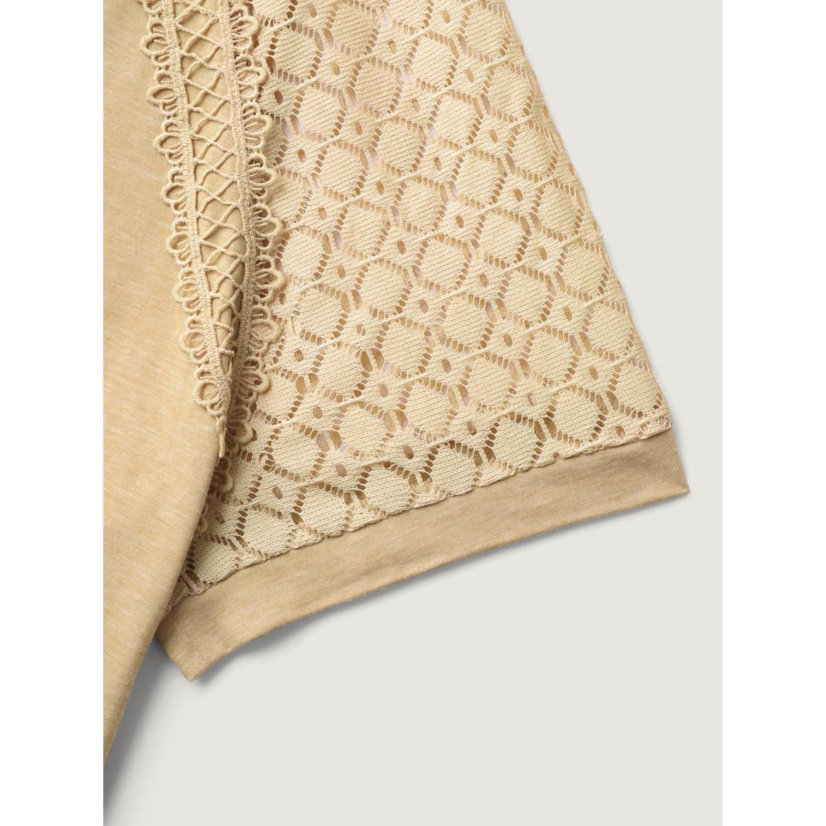 Plus Size Sheer Lace Sleeve Spliced Solid T-Shirt Champagne Women Woven ribbon&lace trim Round Neck Everyday-Casual T-shirts BloomChic 30/6X Product Image