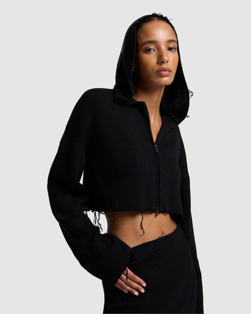 Distressed Knit Cropped Hoodie Product Image