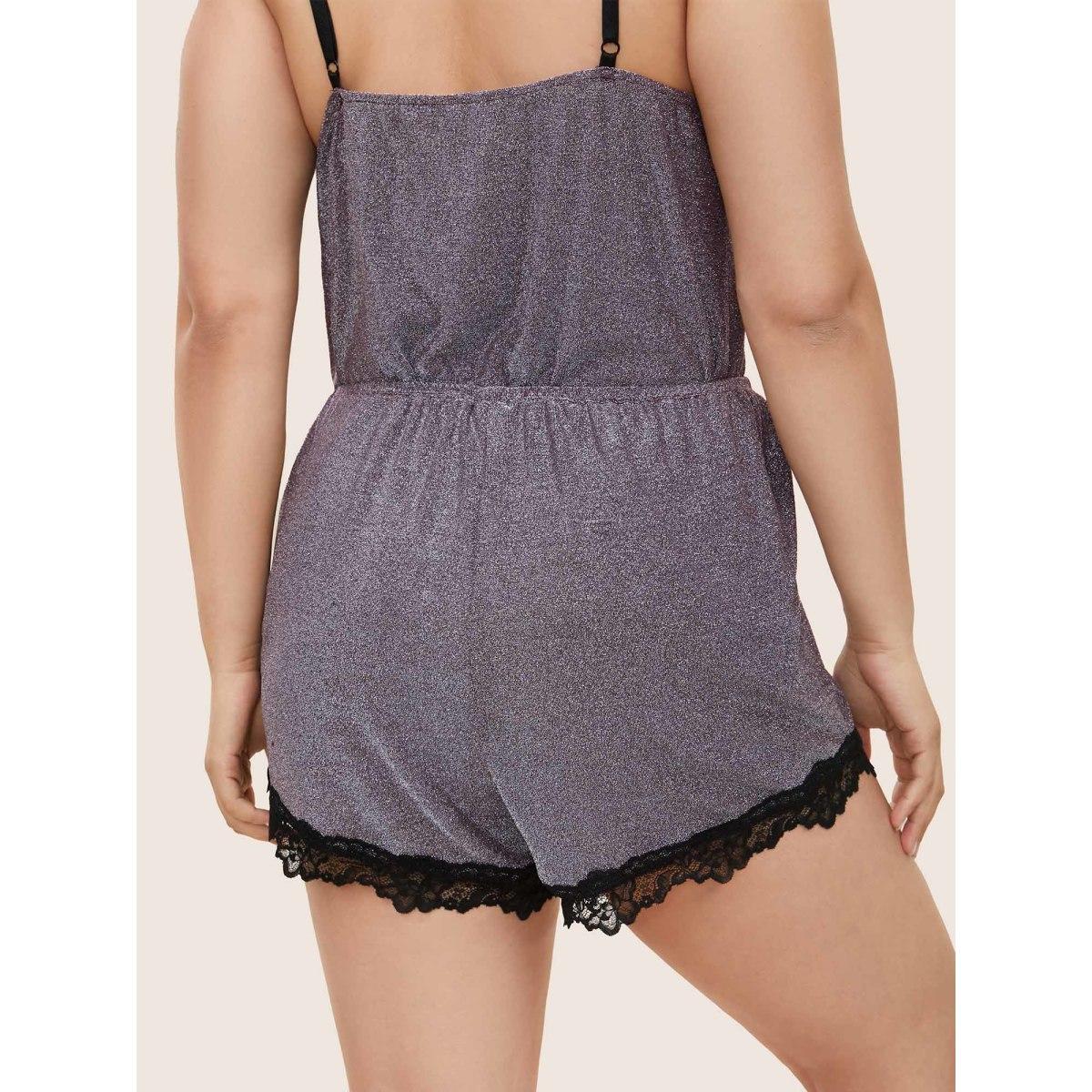 Plus Size Metallic Patchwork Bowknot Lace Panel Loungewear Set Women Purple Patchwork Sleeveless V-neck Lounge Loungewear Sets BloomChic 12/L Product Image