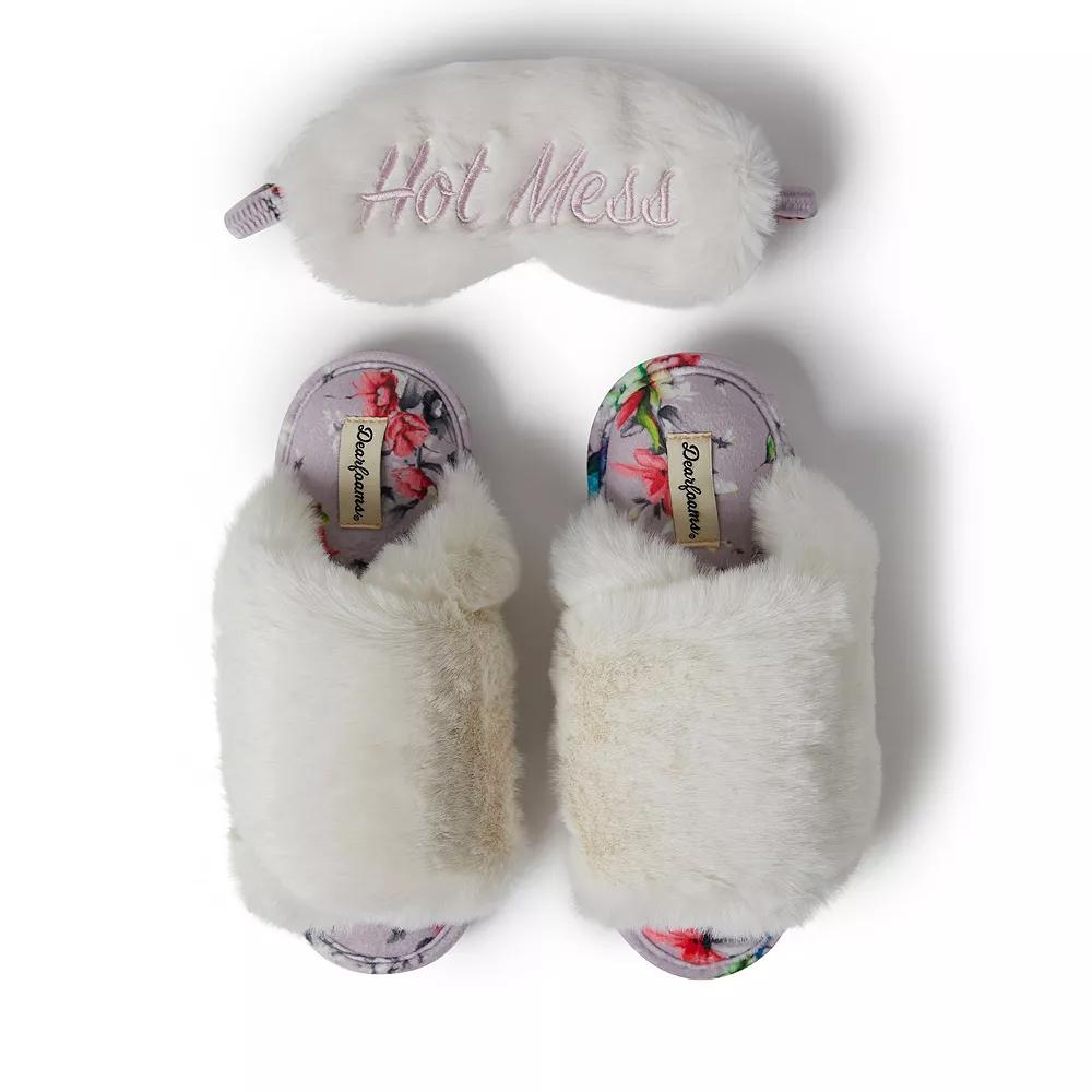 Dearfoams Louise Faux Fur Cross Band Women's Slide Slippers with Sleep Mask,  Product Image